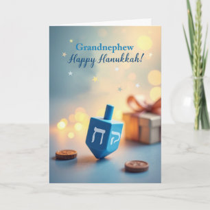 Tarjeta Bisnieto Feliz Janucá Dreidel con brillo suave