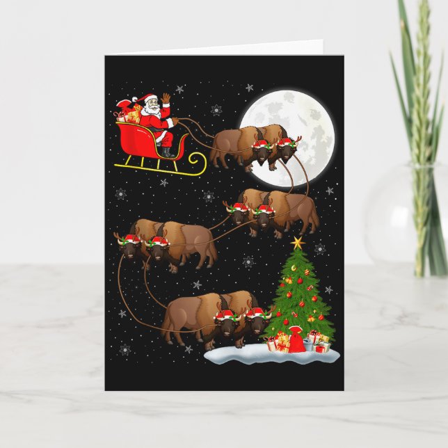 Tarjeta Bison Santa Sleigh Flying Funny Magical Christmas  (Anverso)
