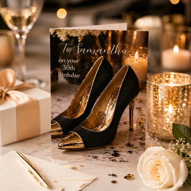 Tarjeta Black and Gold 30th Birthday Glam Heels (Subido por el creador)