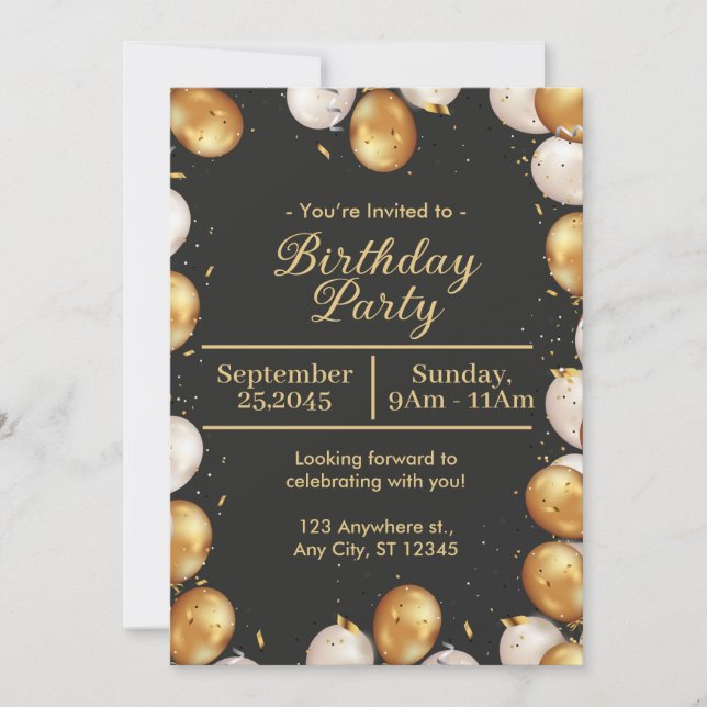 Tarjeta Black and Gold Simple Birday Party (Anverso)