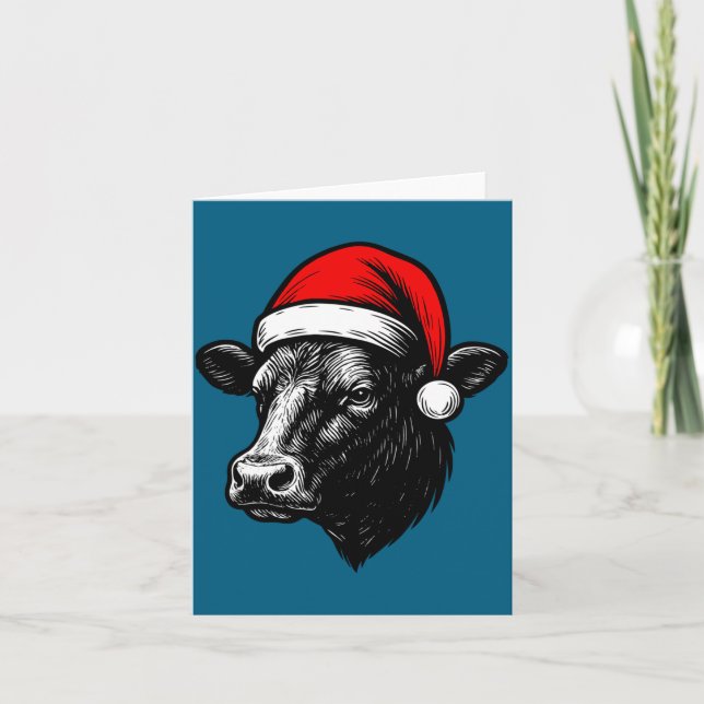 Tarjeta Black Angus Rancher Christmas Cow Santa Hat Farmer (Anverso)