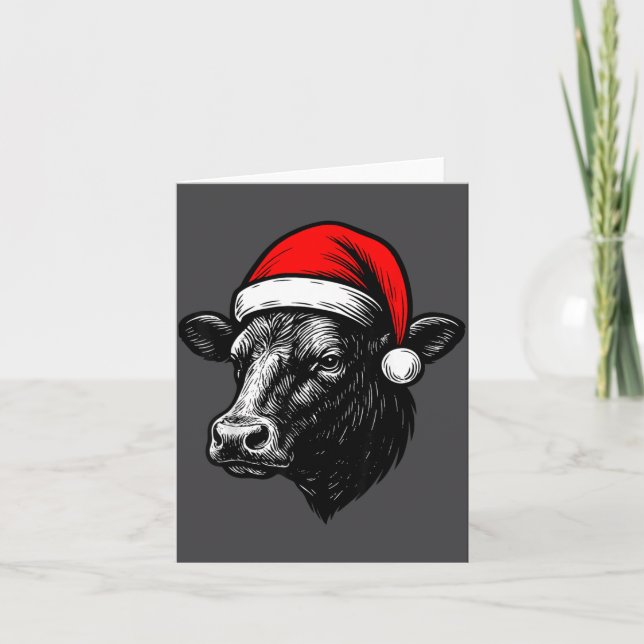 Tarjeta Black Angus Rancher Christmas Cow Santa Hat Farmer (Anverso)