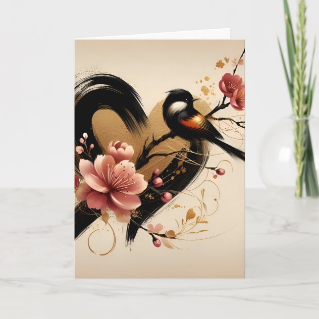 Tarjeta Black Bird and Cherry Blossom Heart (Anverso)