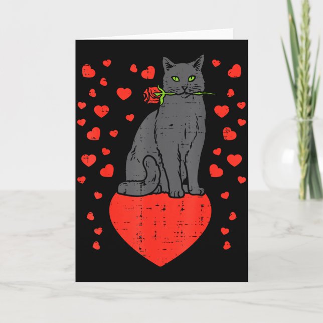 Tarjeta Black Cat Biting Rose Hearts Valentines Day Animal (Anverso)