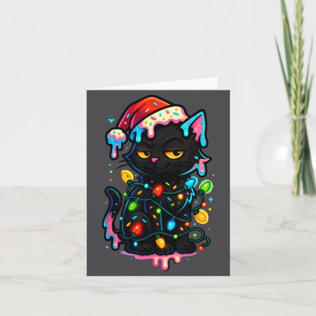 Tarjeta Black Cat Christmas Ice Cream Drip Santa Hat Cute  (Anverso)