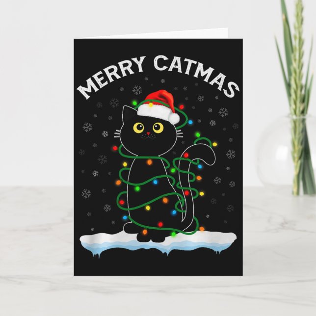 Tarjeta Black Cat Christmas Light Cat Wearing Santa Hat Me (Anverso)