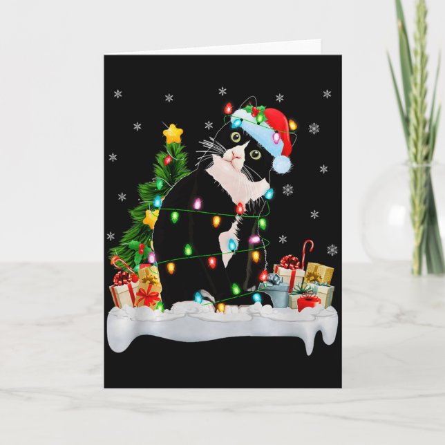 Tarjeta Black Cat Christmas Lights Santa Hat Black Cat Lov (Anverso)