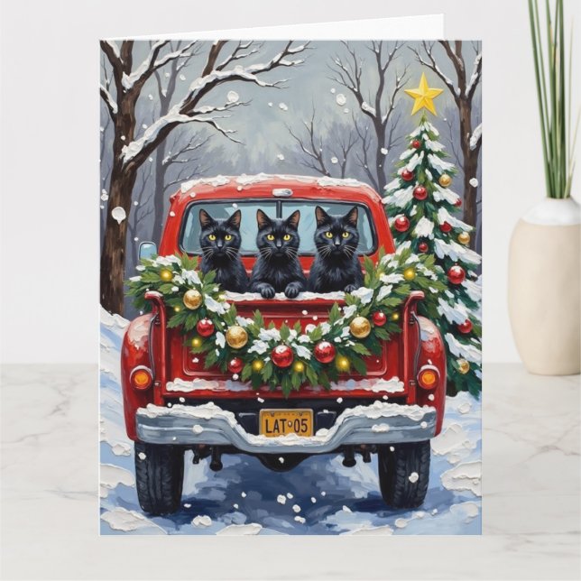 Tarjeta Black Cat Christmas Red Truck Holiday (Anverso)