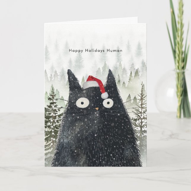 Tarjeta black cat in santa hat fun Holiday Christmas card (Anverso)