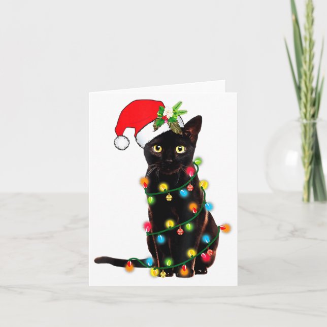 Tarjeta Black Cat Santa Tangled Up In Christmas Lights _1  (Anverso)