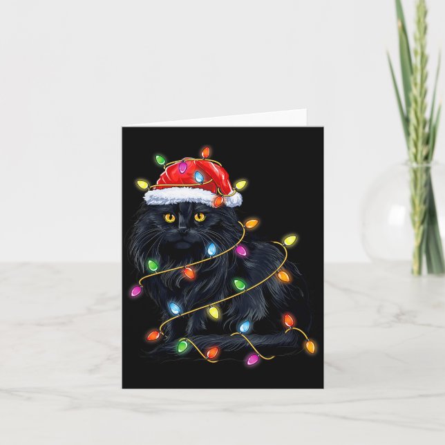 Tarjeta Black Cat Shirt Christmas Lights Funny Santa Cat F (Anverso)