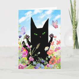 Tarjeta Black Cat Spring Greeting Card:  Kitty and Flowers