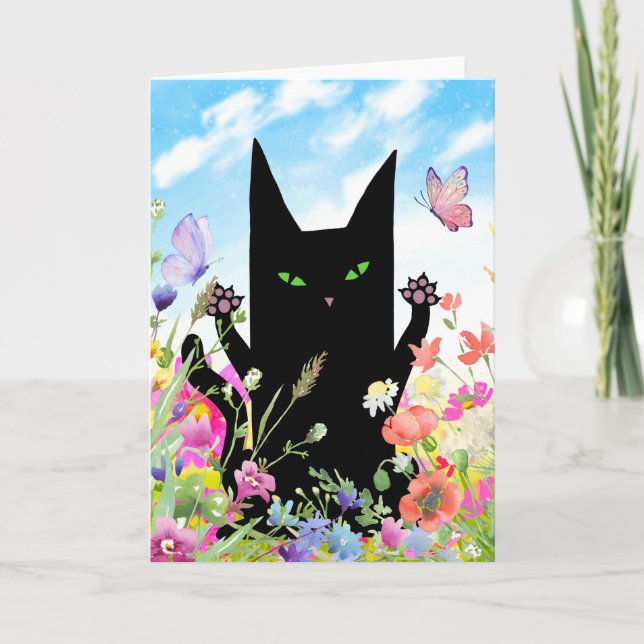 Tarjeta Black Cat Spring Greeting Card:  Kitty and Flowers (Anverso)
