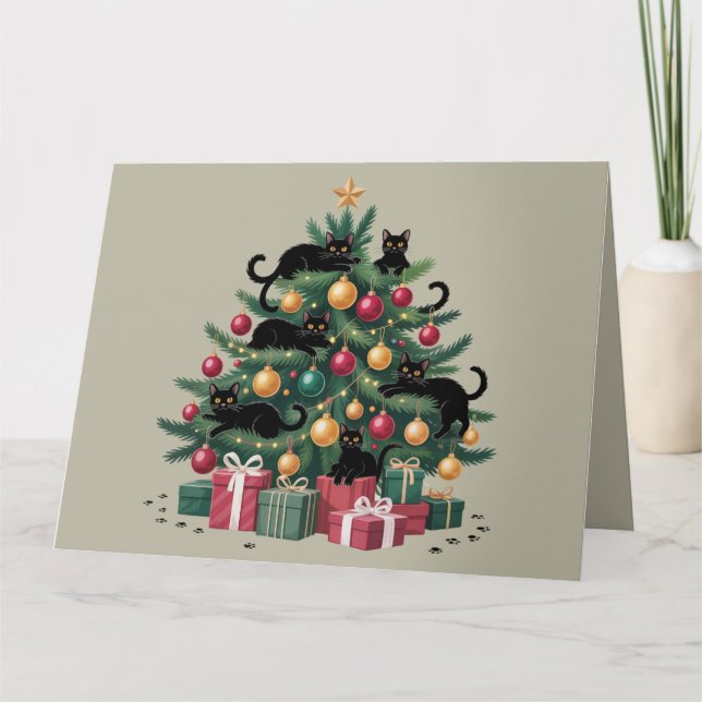 Tarjeta Black Cats Christmas Tree Cat Lover Xmas Luces (Anverso)