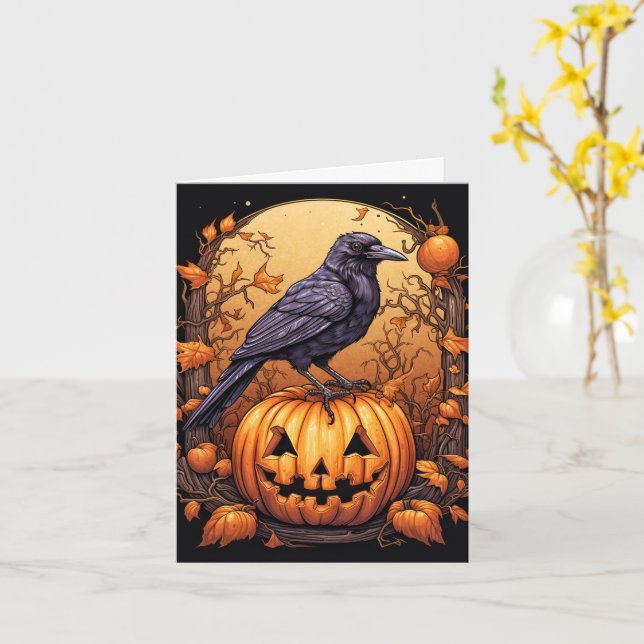 Tarjeta Black Crow Happy Halloween (flor amarilla)
