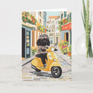 Tarjeta Black Doodle Riding Scooter Calles europeas