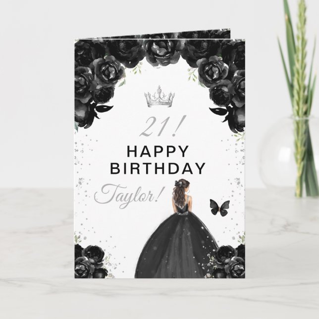 Tarjeta Black Floral Brunette Hair Chica Feliz cumpleaños (Anverso)