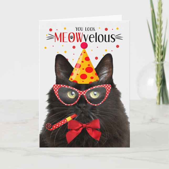 Tarjeta Black Fluffy Cat MEOWvelous Birthday (Anverso)