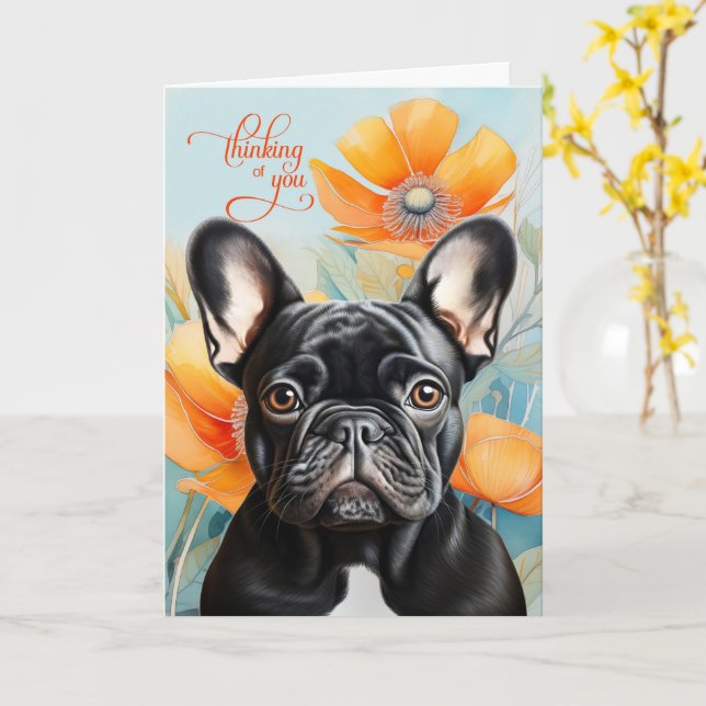 Tarjeta Black French Bulldog Orange Poppy Thinking of You (flor amarilla)