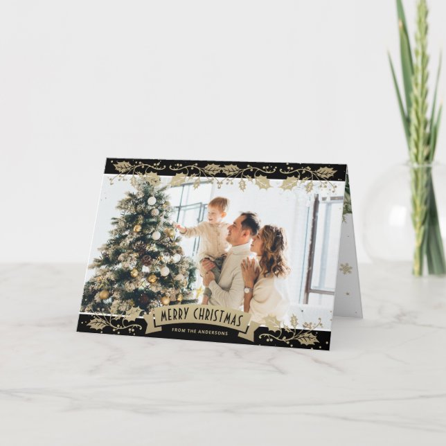 Tarjeta Black Gold Botanical Photo Christmas Card (Anverso)
