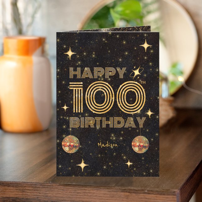 Tarjeta Black Gold Dancing Disco Ball 100th Happy Birthday (Subido por el creador)