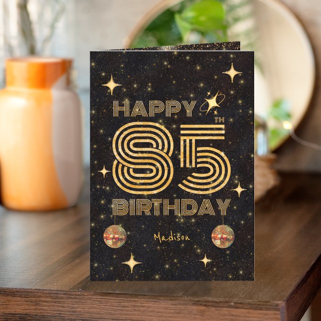 Tarjeta Black Gold Dancing Disco Ball 85th Happy Birthday (Subido por el creador)