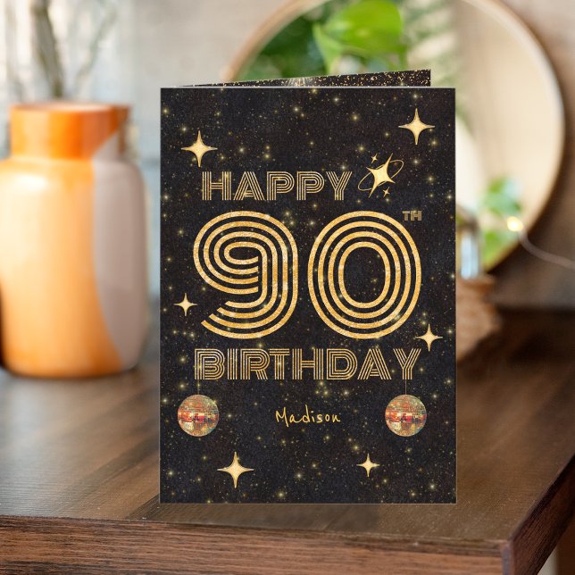 Tarjeta Black Gold Dancing Disco Ball 90th Happy Birthday (Subido por el creador)