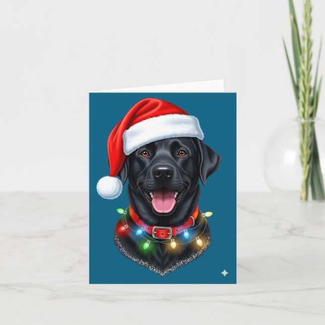 Tarjeta Black Lab Labrador Christmas Dog Santa Hat Light P (Anverso)