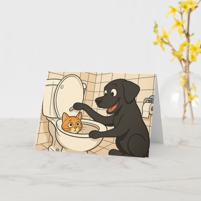 Tarjeta Black Labrador y gato divertido Cartoon de baño (flor amarilla)