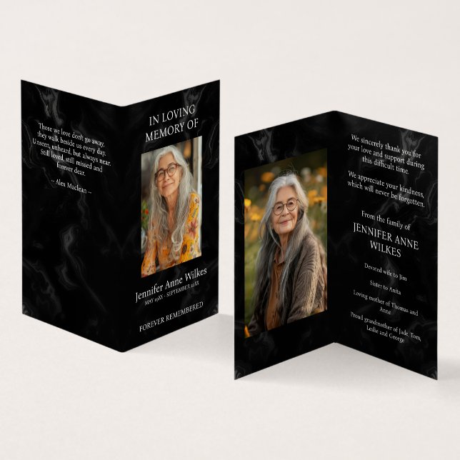 Tarjeta Black Memorial Celebration of Life Gracias (Interior y exterior)