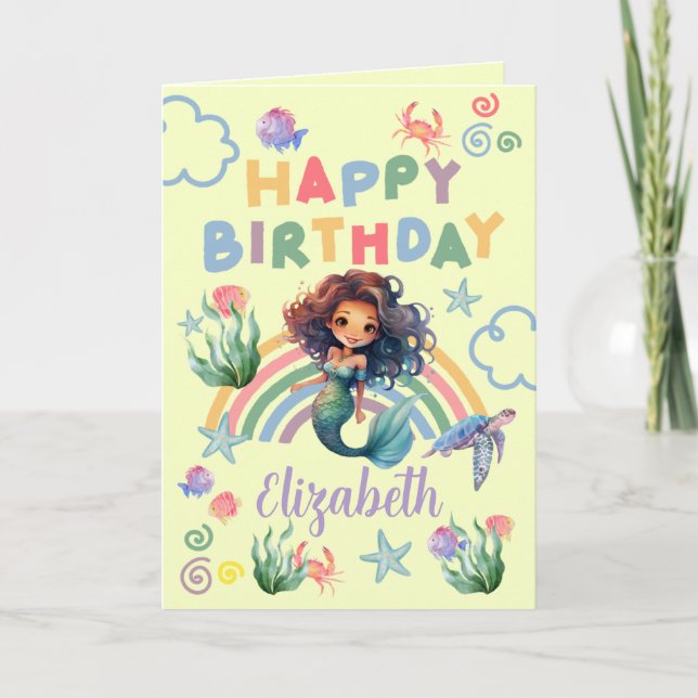 Tarjeta Black Mermaid Birthday Card in Yellow (Anverso)