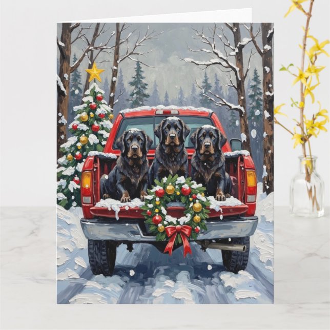 Tarjeta Black Newfoundland Christmas Red Truck Holiday (flor amarilla)