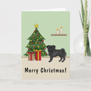Tarjeta Black Pug Cute Cartog Dog Con Un Árbol De Navidad