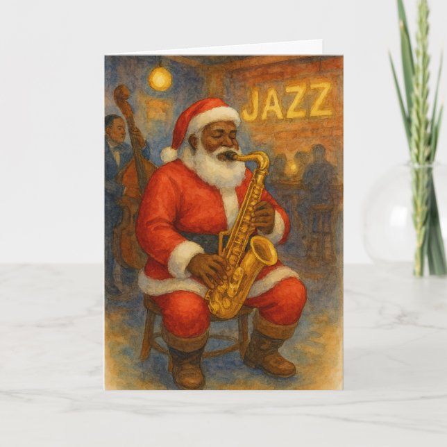 Tarjeta Black Santa Jazz Saxophone Christmas Card (Anverso)