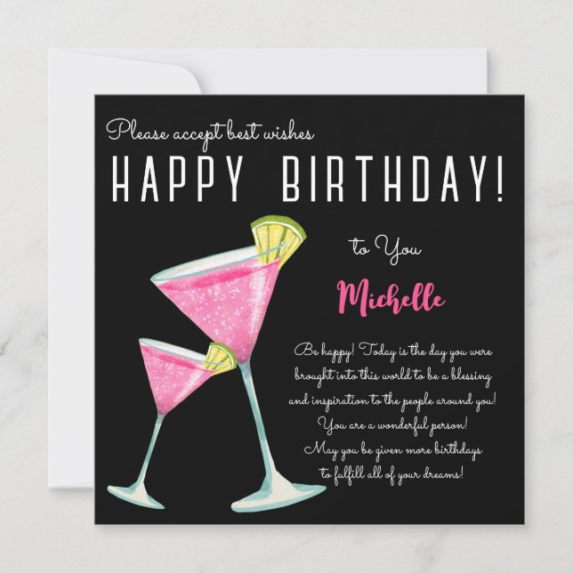 Tarjeta Black Watercolor Cocktail feliz cumpleaños (Anverso)