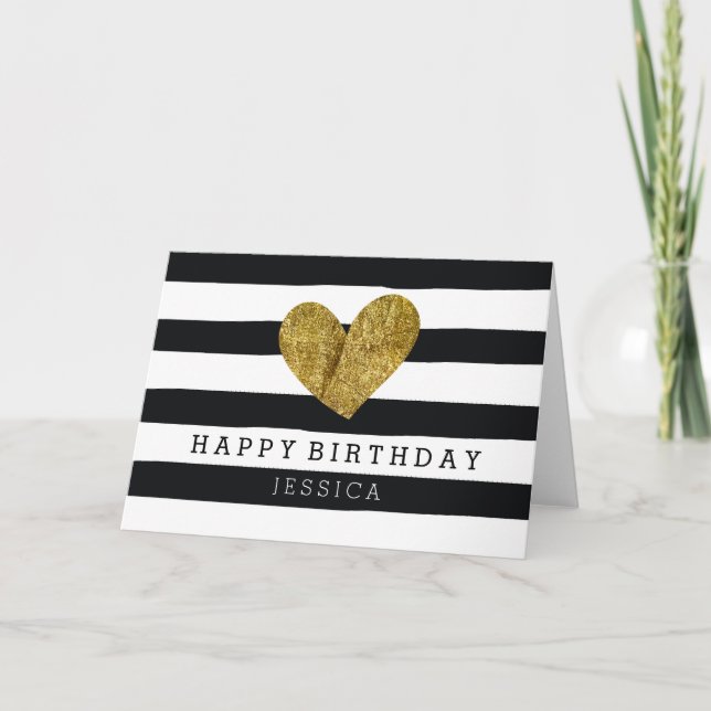 Tarjeta Black Watercolor Stripes Gold Heart Birthday (Anverso)