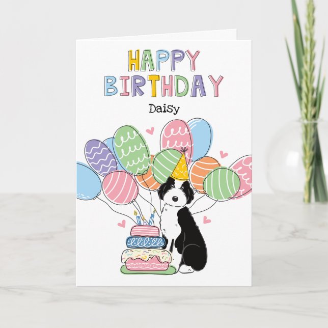 Tarjeta Black White Aussiedoodle Perro Feliz cumpleaños (Anverso)