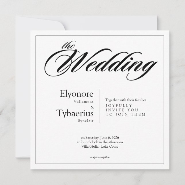 Tarjeta Black & White Minimal Square Wedding Invitation (Anverso)