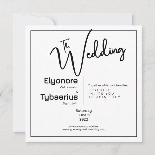 Tarjeta Black & White Minimal Square Wedding Invitation (Anverso)