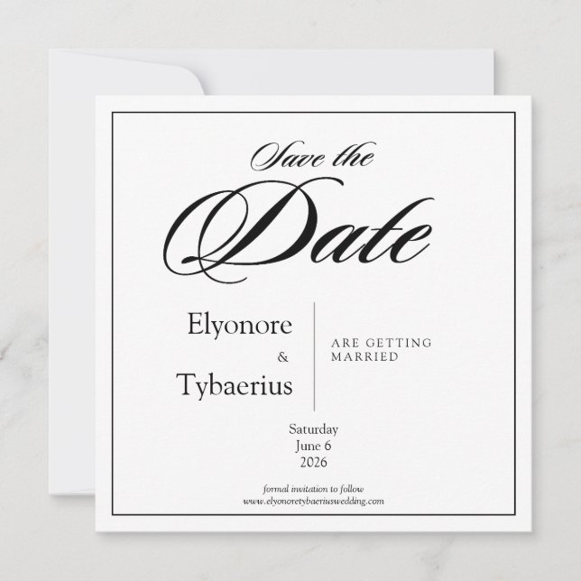 Tarjeta Black & White Minimal Square Wedding Save the Date (Anverso)