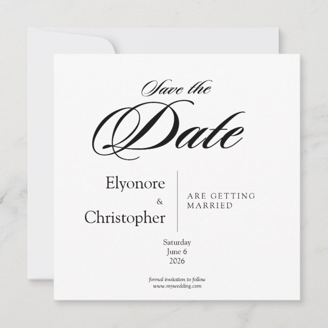 Tarjeta Black & White Minimal Square Wedding Save the Date (Anverso)