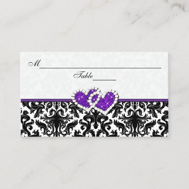 Tarjeta Black, White, Purple Damask Hearts Place (Anverso)