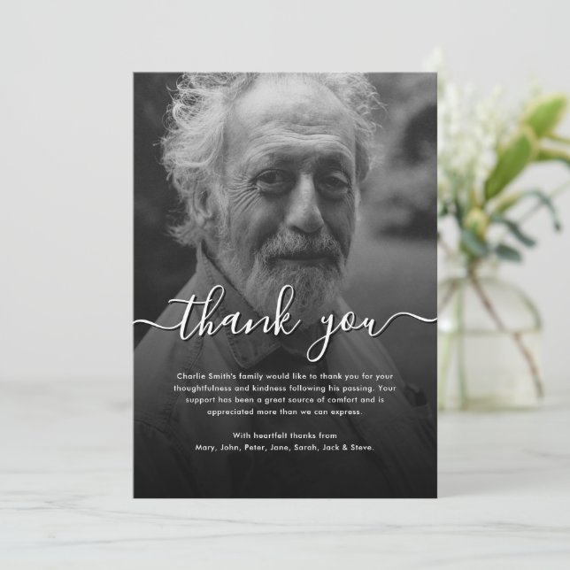 Tarjeta Black & White Script Funeral/Sympathy Thank You (Anverso de pie)