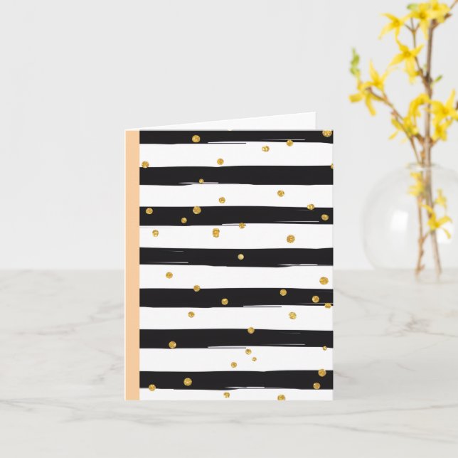 Tarjeta Black White Stripes with Gold Confetti Pattern (flor amarilla)