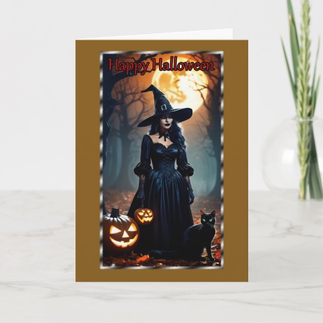 Tarjeta Black Witch, Black Cat Halloween Card (Anverso)