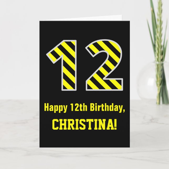 Tarjeta Black & Yellow Striped "12"; 12th Birthday + Name (Anverso)