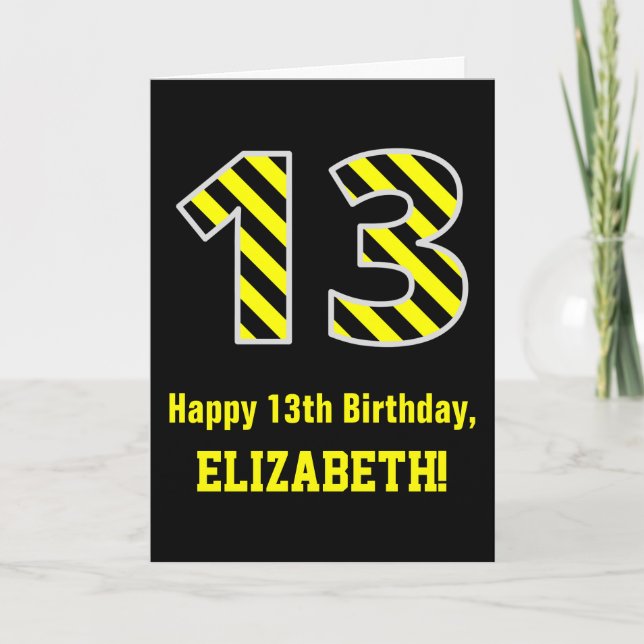 Tarjeta Black & Yellow Striped "13"; 13 cumpleaños + nombr (Anverso)