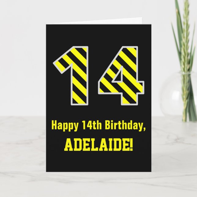 Tarjeta Black & Yellow Striped "14"; 14th Birthday + Name (Anverso)