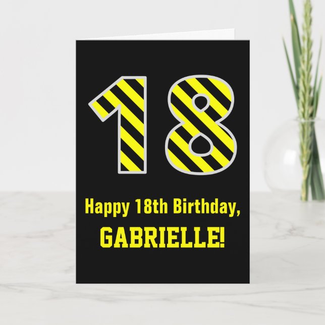 Tarjeta Black & Yellow Striped "18"; 18th Birthday + Name (Anverso)