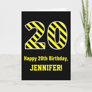 Tarjeta Black & Yellow Striped "20"; 20 cumpleaños + Nombr